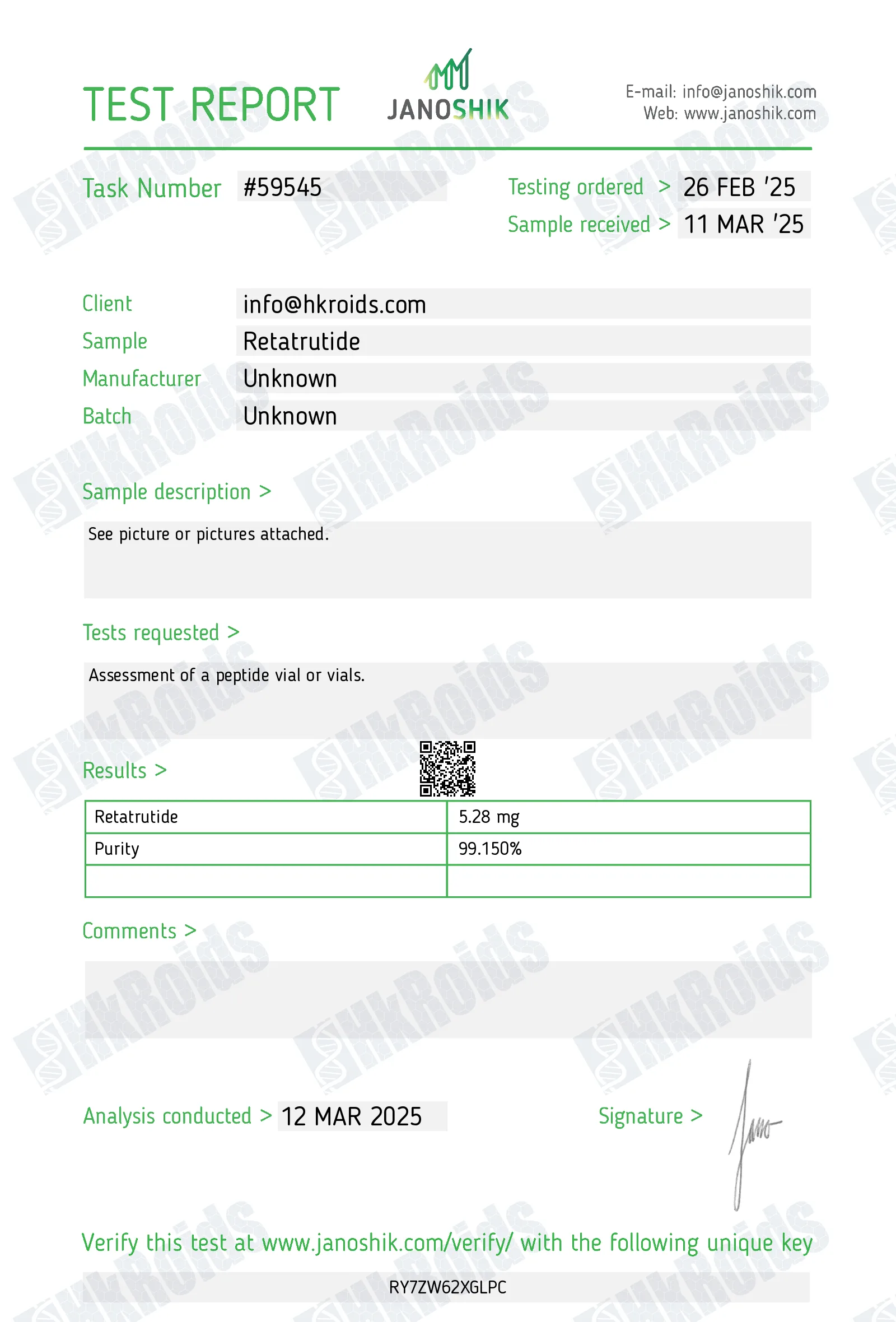 Test Report #59545 for retatrutide hkroids.com