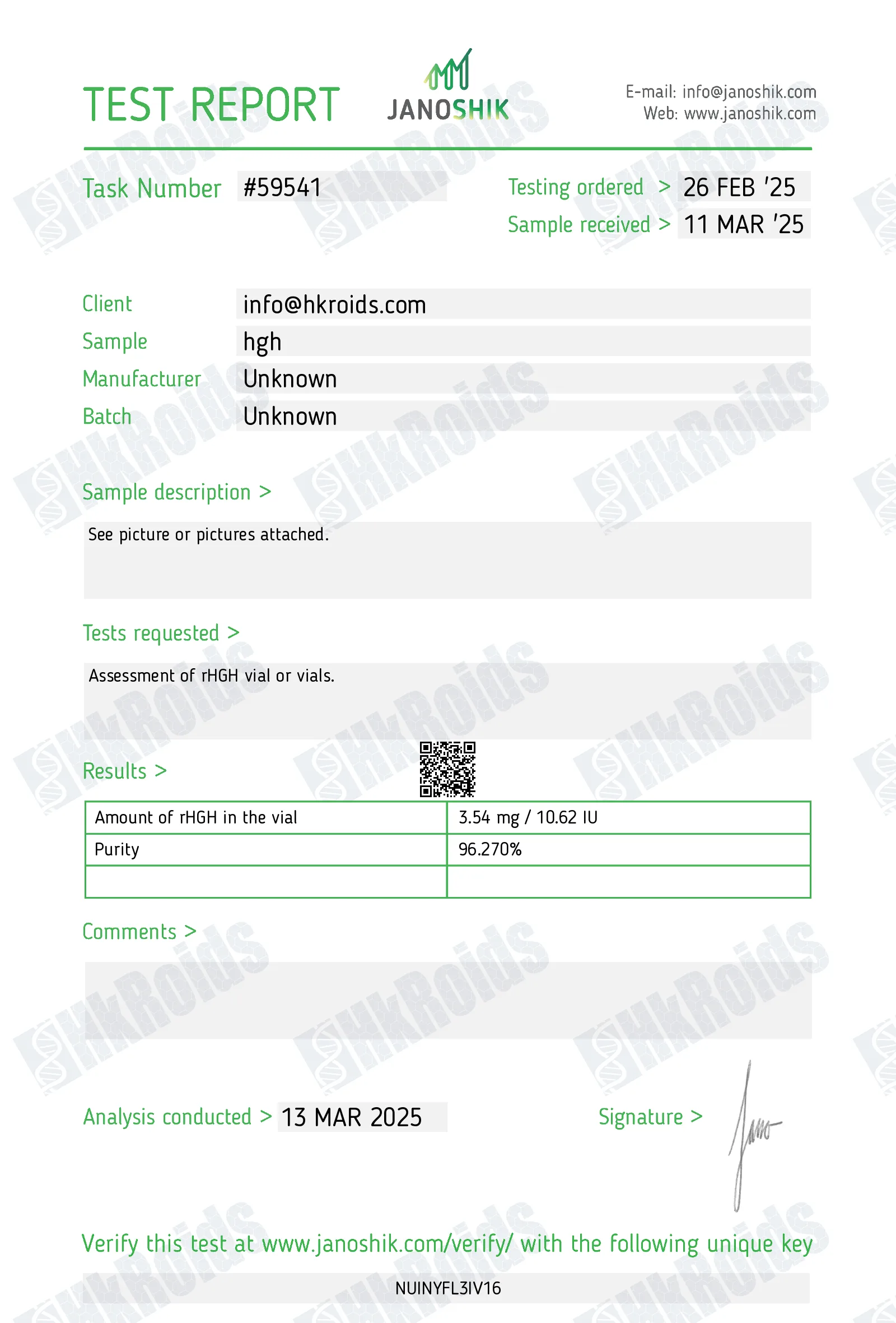 Test Report #59541 hgh 191 aa 97%